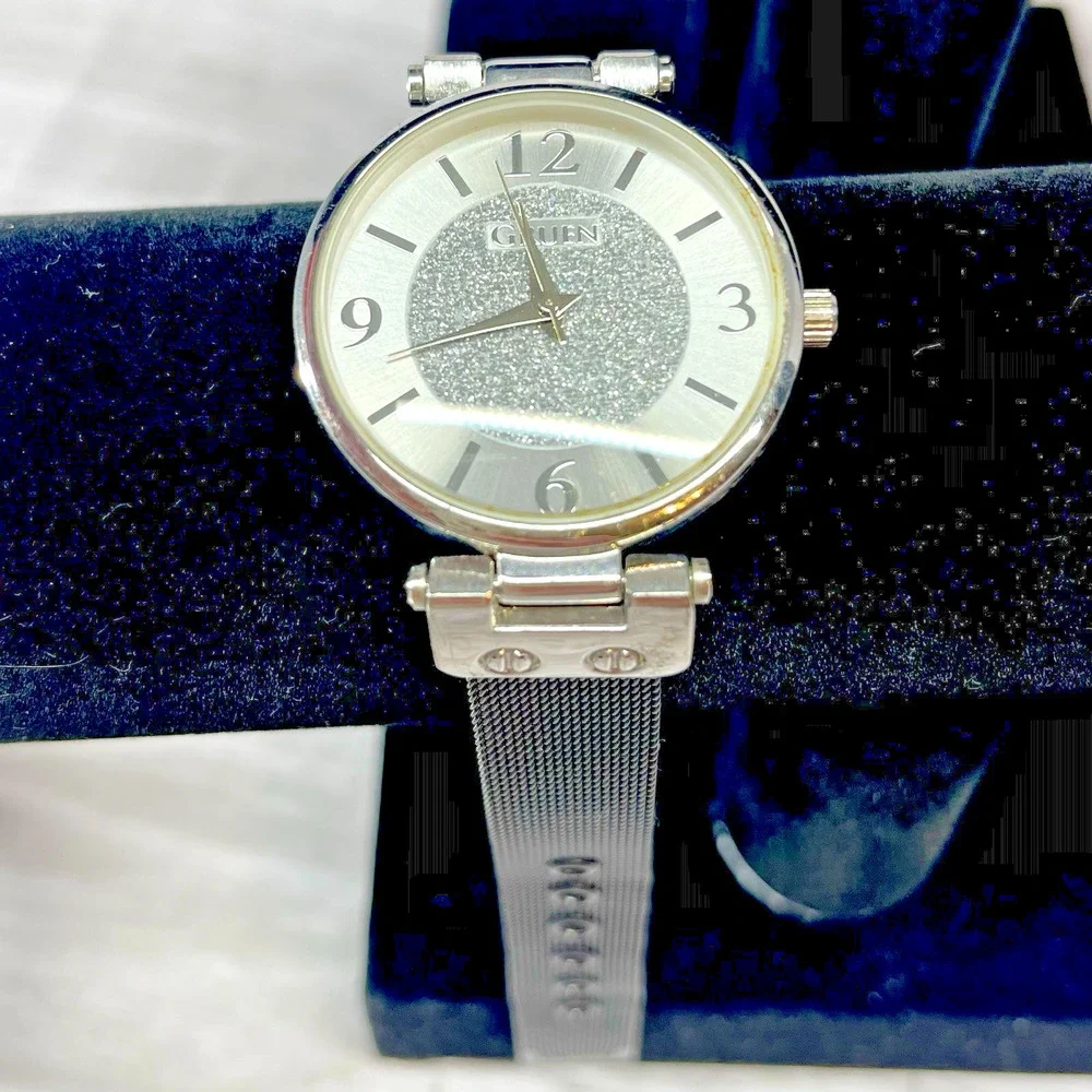 Gruen Wrist Watch Silver Dial Black Mesh Band Glitter 90s Womens Classic Dress